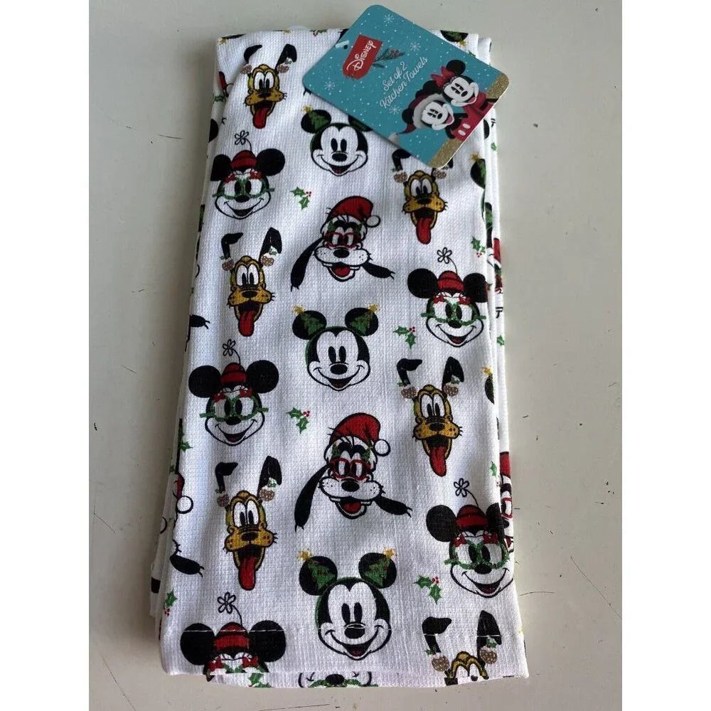 2 Pack Disney Mickey Minnie Mouse Goofy Pluto Christmas Tree Kitchen Towels NEW